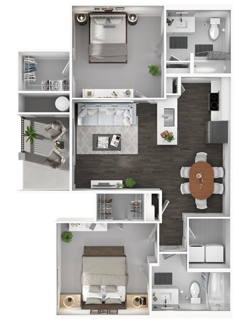 A floor plan of a house with a kitchen, living room, and two bedrooms.
