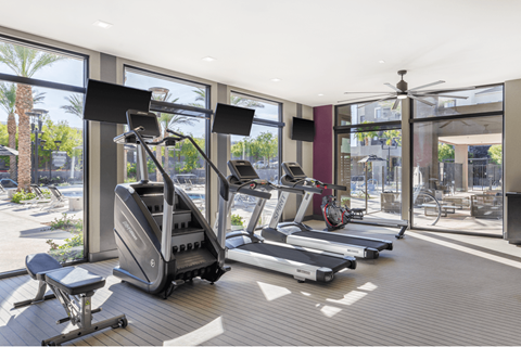 A gym with treadmills, exercise bikes and other equipment.