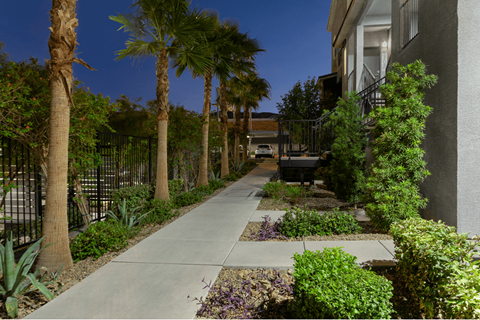 A well-maintained garden with a variety of plants and trees.