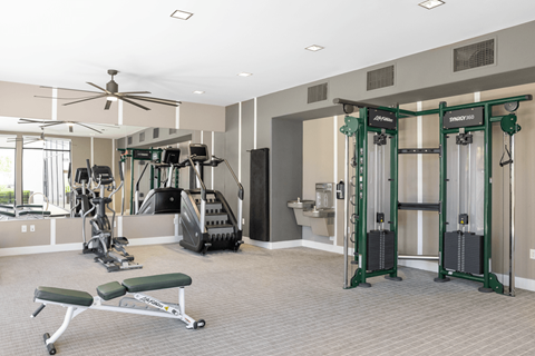 A gym with a variety of equipment including a squat rack, a bench, and a ceiling fan.