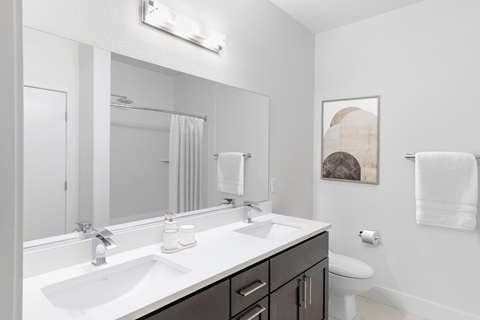 A bathroom with a white sink and a large mirror.