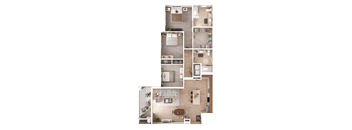 A floor plan of a house with a kitchen, living room, dining room, and bedrooms.