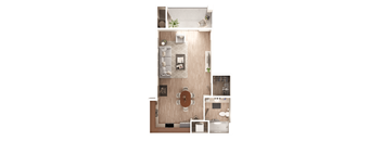 A top-down view of a small apartment with a kitchen, living room, and bathroom.