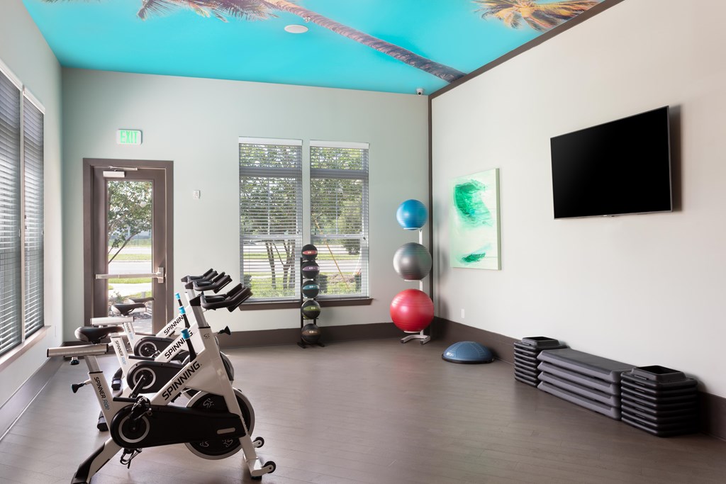 A gym with a row of stationary bikes and a television on the wall.