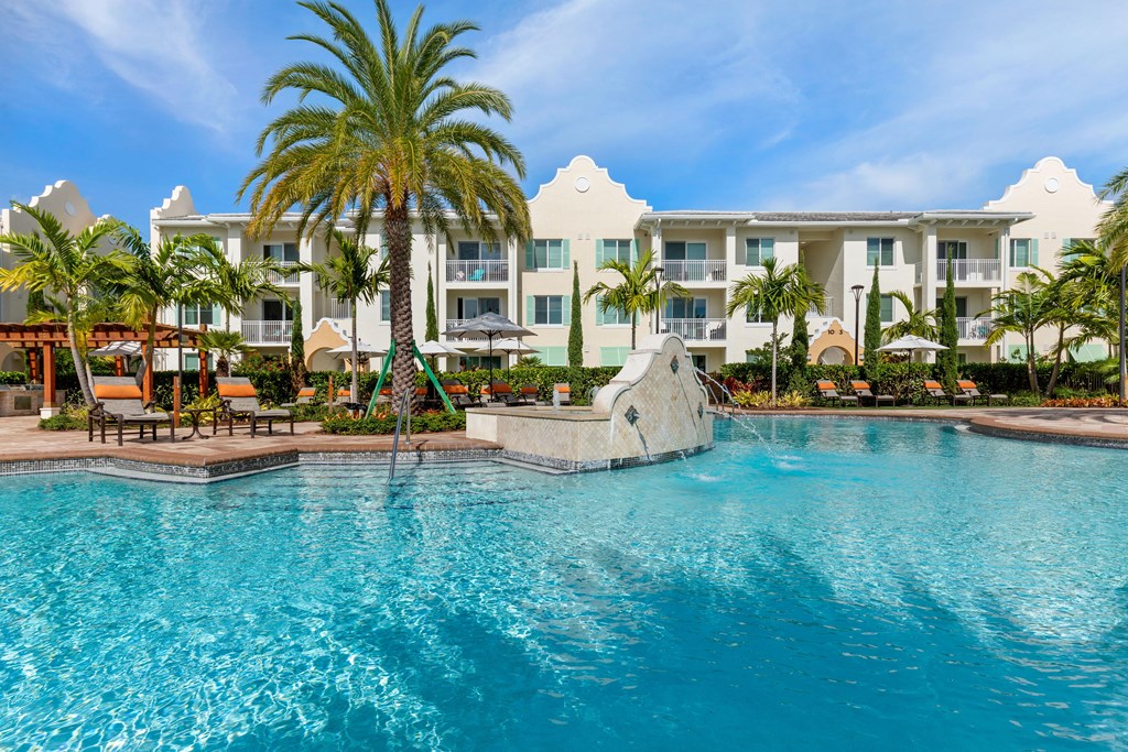 A large swimming pool in front of a white building with a palm tree.