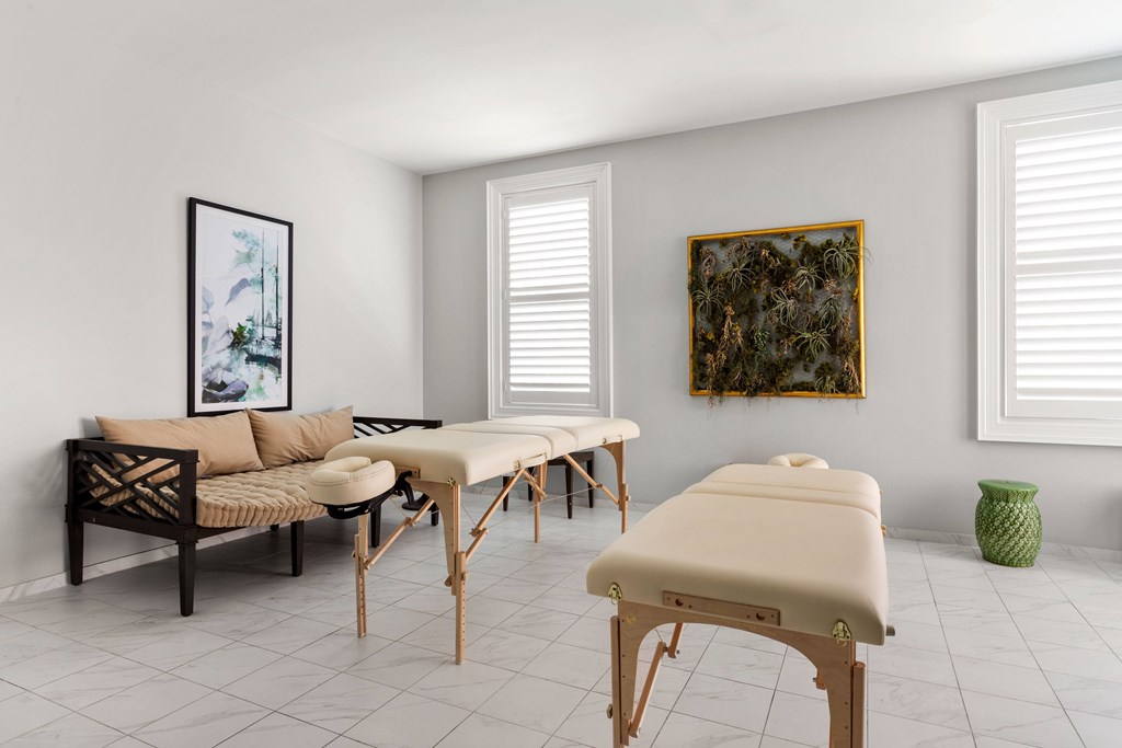 A room with a massage table, a couch, and a painting on the wall.