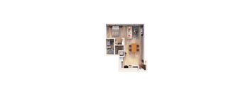 A top-down view of a small apartment with a kitchen, living room, and bathroom.