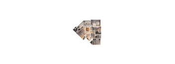 A top-down view of a house layout with a living room, kitchen, and two bedrooms.