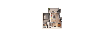 A top-down view of a small apartment with a kitchen, living room, and bedroom.