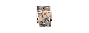 A detailed floor plan of a house with a kitchen, living room, and two bedrooms.