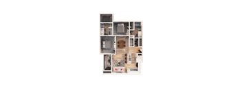 A detailed 3D floor plan of a small apartment.