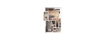 A top-down view of a small, neatly organized apartment with a kitchen, living room, and bathroom.
