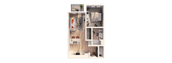 A top-down view of a small apartment with a kitchen, living room, and bathroom.