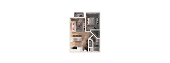 A detailed 3D floor plan of a small apartment layout.