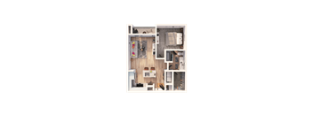A top-down view of a small apartment with a kitchen, living room, and bathroom.