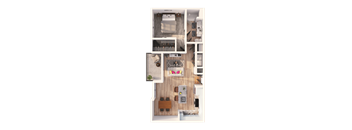 A top-down view of a small apartment with a kitchen, living room, and bathroom.