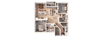 A top-down view of a house layout with a living room, kitchen, dining area, and bedrooms.