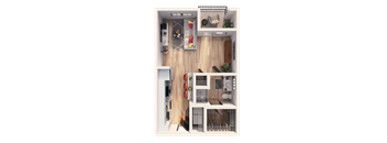 A 3D floor plan of a small apartment with a kitchen, living room, and bathroom.