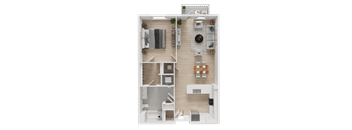 A top-down view of a small apartment layout with a kitchen, living room, and bedroom.