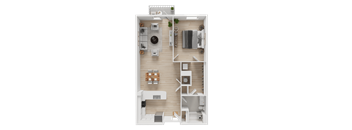 A top-down view of a small apartment layout with a kitchen, living room, and bathroom.
