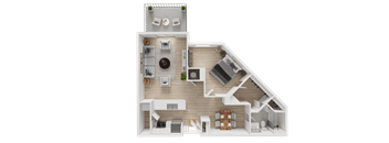 A 3D floor plan of a house with a living room, kitchen, dining room, and two bedrooms.
