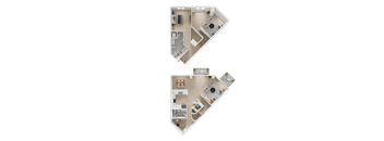 Two floor plan images of a house with a kitchen, living room, bedrooms and bathrooms.