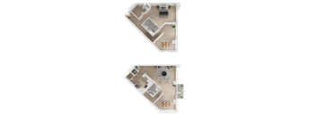 Two floor plans of a house with a kitchen, living room, and bedrooms.