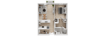 A top-down view of a small apartment with a kitchen, living room, and bathroom.