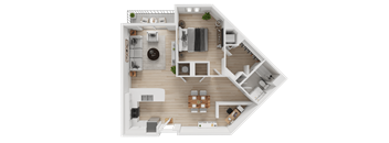 A top-down view of a house layout with a kitchen, living room, and bedrooms.
