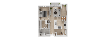 A top-down view of a small apartment layout with a kitchen, living room, and bedroom.