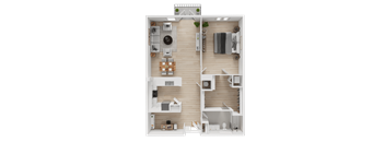 A top-down view of a small apartment layout with a kitchen, living room, and bedroom.