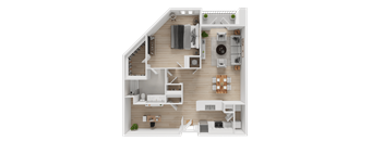 A top-down view of a house layout with a living room, kitchen, and dining area.