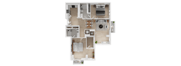 A top-down view of a house layout with a kitchen, living room, and two bedrooms.