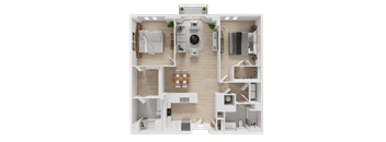 A top-down view of a modern apartment layout with a kitchen, living room, and bedrooms.