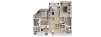 A top-down view of a house layout with a kitchen, living room, dining area, and bedrooms.