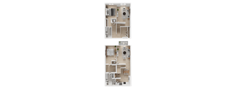 Two floor plans of a house with a kitchen, living room, and bedrooms.