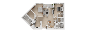 A top-down view of a house floor plan with a kitchen, living room, and bedrooms.