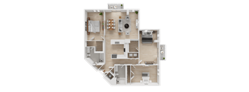 A 3D rendered image of a house layout.