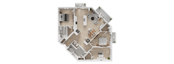 A top-down view of a house layout with a kitchen, living room, and two bedrooms.