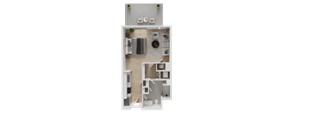 A top-down view of a small apartment layout with a kitchen, living room, and bathroom.