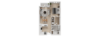 A top-down view of a small apartment with a kitchen, living room, and bedroom.