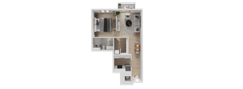 A top-down view of a small apartment with a kitchen, living room, and bedroom.