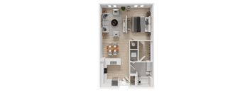 A top-down view of a small apartment with a kitchen, living room, and bathroom.