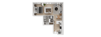 A top-down view of a modern apartment layout with a kitchen, living room, and bedroom.
