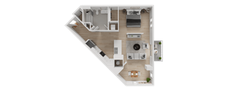 A top-down view of a house layout with a living room, kitchen, and two bedrooms.