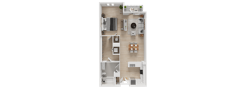 A top-down view of a small apartment layout with a kitchen, living room, and bedroom.