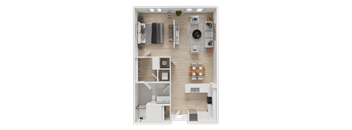 A top-down view of a small, well-organized apartment with a kitchen, living room, and bedroom.