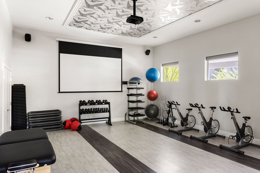 A home gym with a bench, dumbbells, exercise balls, and stationary bikes.