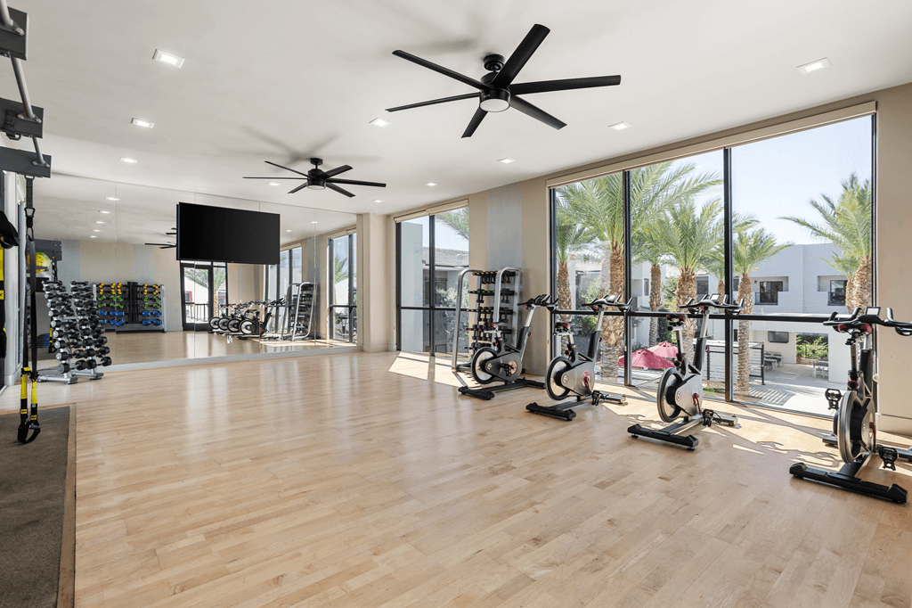 A gym with exercise equipment and a fan.