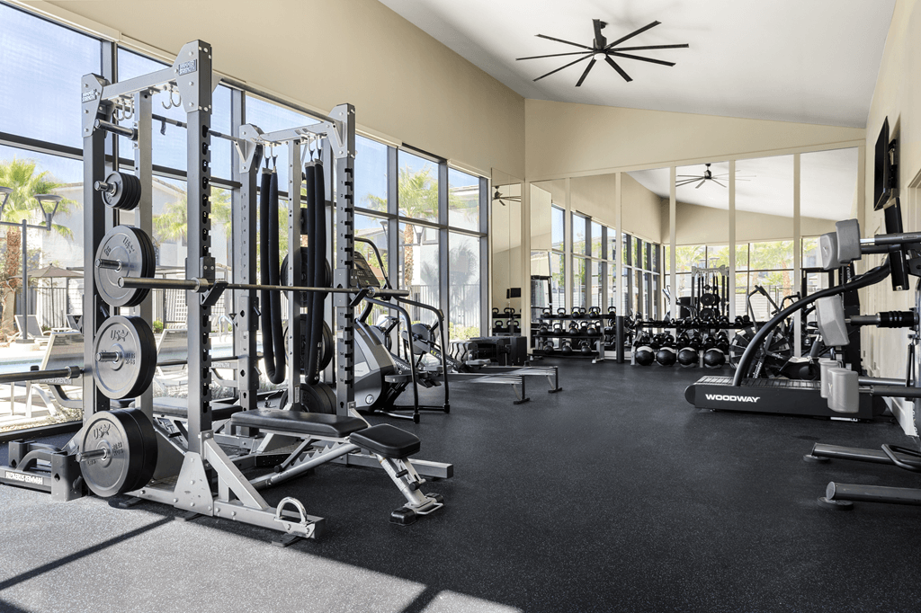 A gym with a variety of equipment including a squat rack, bench press, and a rowing machine.